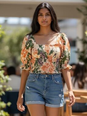 Clothing Set- H&M Floral Smocked Floral Top-GAP Blue Denim Short 31